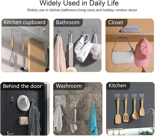 Vista 2 de Paquete de 24 ganchos autoadhesivos resistentes, 33 libras máximo, transparentes, impermeables, ganchos de pared adhesivos para llaves, baño, ducha