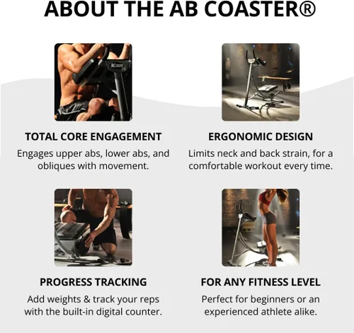 Vista 4 de AbCoaster MAX Ab Machine - Equipo de ejercicio para gimnasio en casa, menos estrés en el cuello y la espalda, equipo de fitness abdominal/central