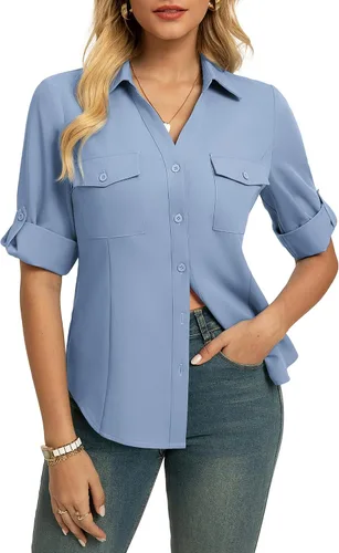 Vista 8 de GRACE KARIN Camisas con botones para mujer, cuello en V clásico, manga 3/4, blusas básicas elegantes sin arrugas