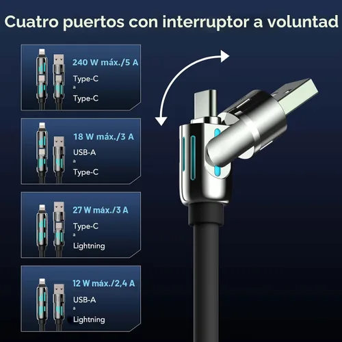 Vista 3 de MFish Cable de carga rápida 4 en 1 de 240 W, negro, 3.3 pies