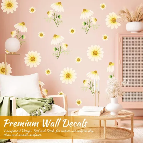 Vista 3 de Calcomanías de pared de margaritas para despegar y pegar, calcomanías de pared de vinilo con margaritas amarillas extraíbles, decoración de pared