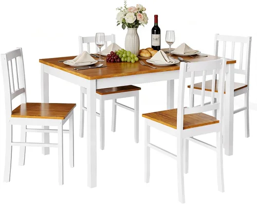 Vista 8 de Mesa y sillas de cocina de granja, juego de mesa de comedor para 4 Marrón retro