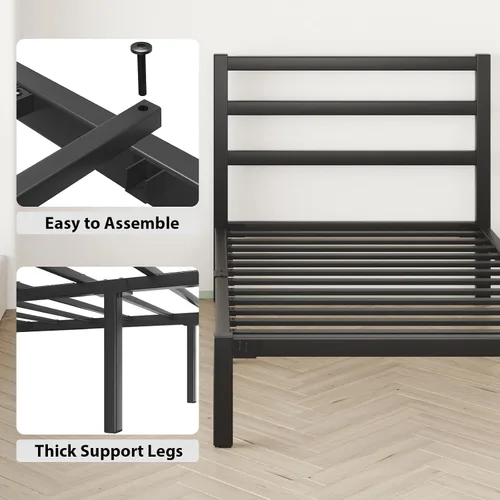 Vista 6 de LOEWAY - Marco de cama de metal resistente de 12 pulgadas con cabecero, listones de acero fuertes, almacenamiento debajo de la cama, no necesita