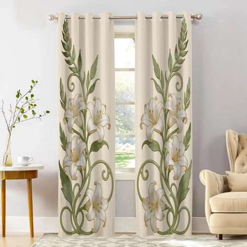 Vista 29 de Shrahala Art Nouveau Floral Pattern Blackout Curtain Tiers, Delicate Vine and Flower Design Kitchen Valance Light Blocking Tier Drapes with Rod