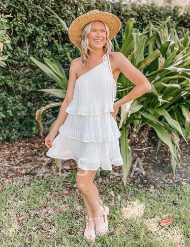 Vista 6 de ZESICA Vestido corto bohemio de verano para mujer, con un hombro, sin mangas, con volantes, escalonado, de gasa, plisado, acampanado, para mujer