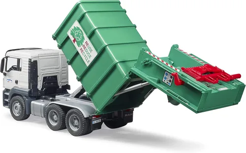 Vista 3 de Bruder 03763 Man TGS - Camión de basura con carga trasera, verde, escala 1:16