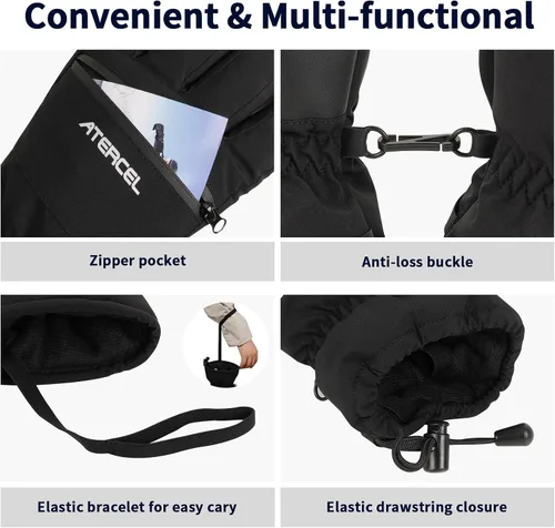Vista 5 de ATERCEL Guantes de esquí impermeables, guantes Thinsulate cálidos 3M, pantalla táctil, ideales para hombres y mujeres en esquí, snowboard, motos
