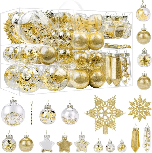 Vista 9 de SHareconn Juego de 86 Piezas de Decoraciones y Adornos para Árbol de Navidad, Bolas de Plástico Transparentes Irrompibles para Decoración de Árbol
