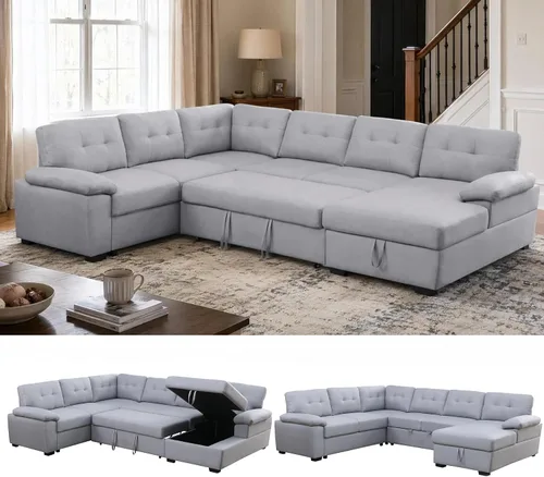 Vista 10 de asunflower Sofá cama modular con almacenamiento de 118 pulgadas, sofás seccionales en forma de U para sala de estar, sofá cama de gran tamaño de 6 a