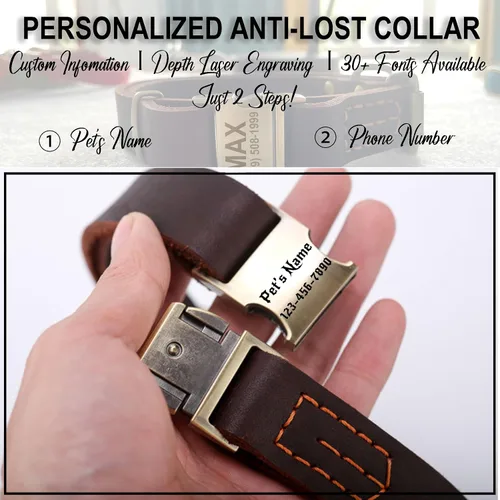 Vista 5 de Collar de cuero personalizado para mascotas, collar de perro personalizado con placa de identificación grabable, collar transpirable con hebilla