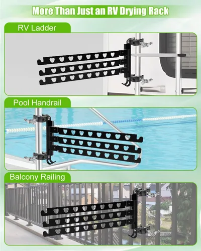 Vista 5 de Estante de secado de ropa de escalera RV de aluminio de 3 brazos con abrazaderas de acero inoxidable 304 180° ajustable, capacidad de carga de 90