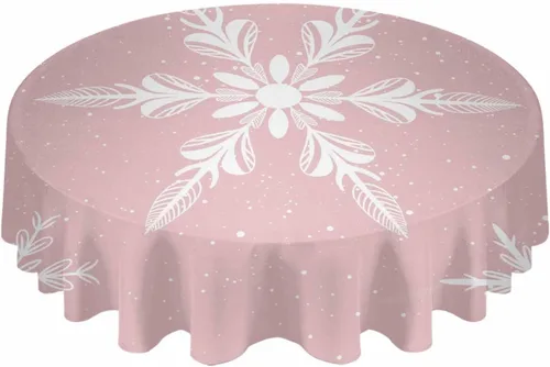Vista 2 de Mantel redondo de Navidad con diseño de copo de nieve rosa de 54 pulgadas, protector de tela impermeable, mantel de Navidad con copos de nieve