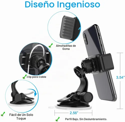 Vista 5 de APPS2Car Soporte de teléfono con ventosa para automóvil con brazo ajustable, soporte de teléfono de perfil bajo, soporte compacto para parabrisas