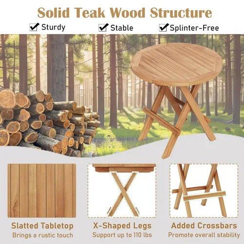 Vista 4 de RELAX4LIFE Mesa auxiliar plegable para exteriores, juego de 2 mesas auxiliares de madera de teca, mesa redonda de café bistró con mesa de listones