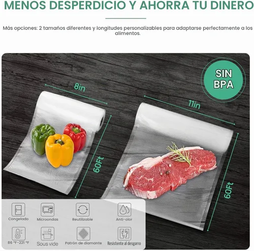 Vista 2 de Vakumar Bolsas selladoras al vacío, paquete de 2 rollos de 8 x 60 pies para alimentos, sellar una comida, grado comercial, sin BPA, grado comercial