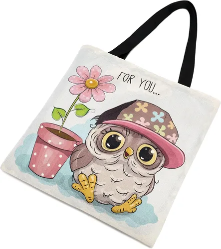 Vista 3 de Bolsa de lona para mujer, bolsas de comestibles reutilizables, bonitas bolsas estéticas para regalos de Navidad, compras y playa (búho lindo)