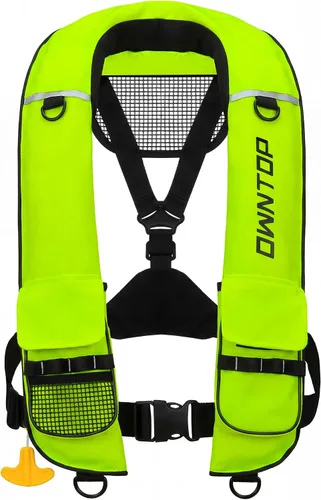 Vista 12 de Owntop Chaqueta de natación inflable para adultos, convertible automática/manual, cuello de neopreno, bolsillos grandes con solapa y trabillas
