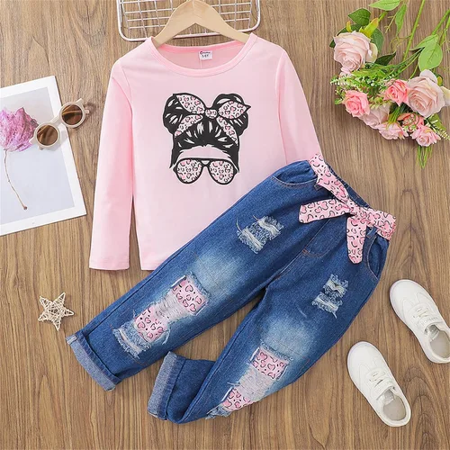 Vista 6 de PATPAT Conjuntos de 2 piezas para niña, conjuntos de pantalones de manga larga, camiseta y pantalones de mezclilla con cuello redondo, talla 5-12