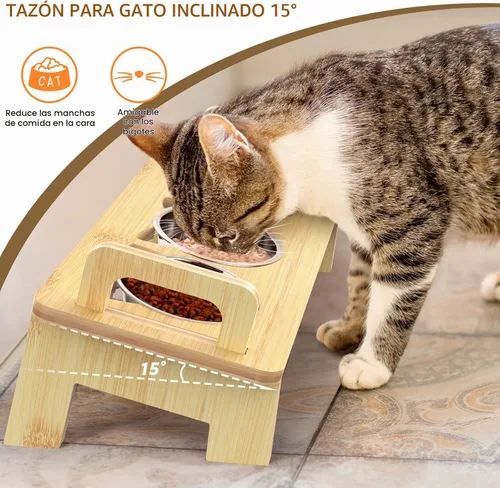 Vista 4 de Tazón Elevado de Comida para Gatos, 3 Cuencos Elevados de Acero Inoxidable para Gatos con Soporte, Cuenco Inclinado 15° para Perros Pequeños