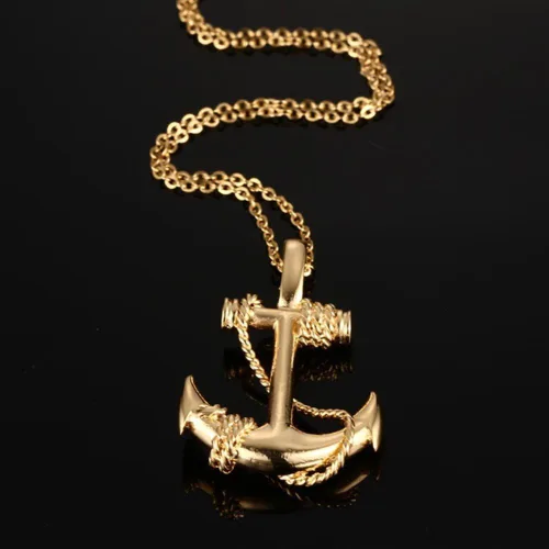 Vista 4 de Collar con colgante de ancla de acero inoxidable chapado en oro vintage para hombre y mujer