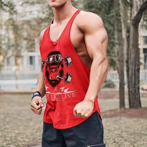 Vista 7 de GYMAPE Camiseta sin mangas de algodón para hombre con dobladillo de arco