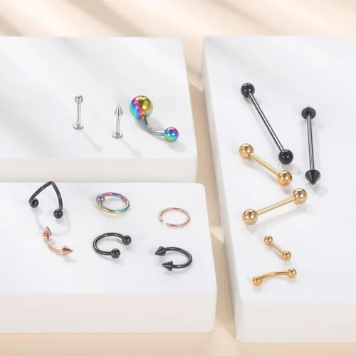 Vista 3 de Xpircn Kit de 150 piercings de acero inoxidable para labios, nariz, lengua, tragus, cartílago, daith, cejas, ombligo, ombligo, piercing Color mixto