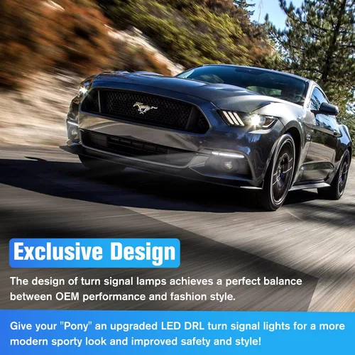 Vista 4 de Conjunto de luz de señal de giro secuencial LED DRL para Ford Mustang 2015 2016 2017 EE. UU., Luz de marcha blanca con lente transparente