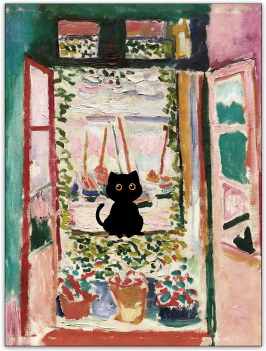 Vista 23 de CAXIYSH Arte de pared de gato negro Monet, póster de lirios acuáticos, vintage, divertido, floral, gato, lienzo, pinturas famosas, impresiones