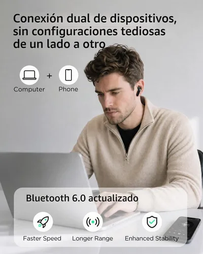 Vista 7 de Auriculares con cancelación de ruido T30 con soporte para teléfono, graves intensos, 4 micrófonos, auriculares inalámbricos Bluetooth 6.0 in, tiempo
