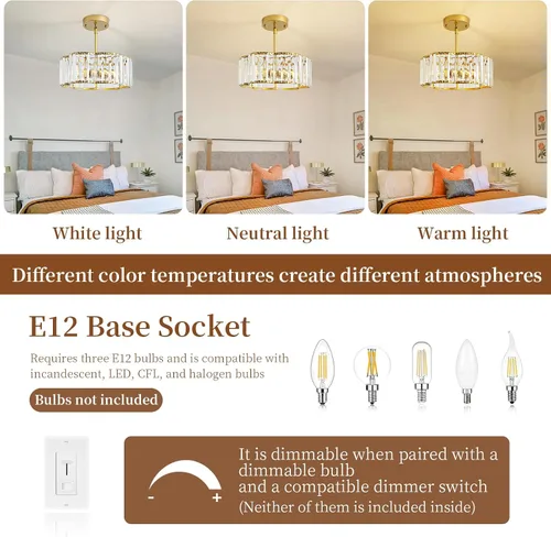 Vista 5 de Candelabro pequeño de cristal dorado, lámpara moderna de 3 luces para comedor sobre la mesa, accesorio de iluminación redondo para pasillo
