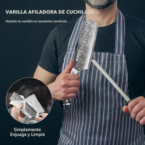 Vista 6 de MOSFiATA 7'Nakiri Cuchillo Damasco Profesional Sharpe Chef Cuchillo Cuchillo Cuchillo de Cocina Cuchillo Cuchillo de Acero Damasco VG-10 Hoja