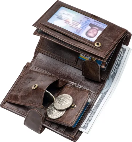 Vista 4 de POKOFO Gran RFID Cuero Genuino Tarjetero Trifold Wallet Snap Cierre 3 ID Windows para los hombres
