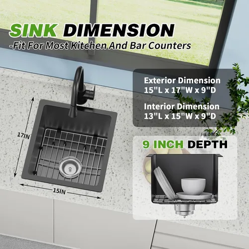 Vista 4 de Fregadero de cocina y bar negro de 15 x 17 pulgadas, fregadero de acero inoxidable con rejilla SS, alfombrilla de silicona, colador, colador