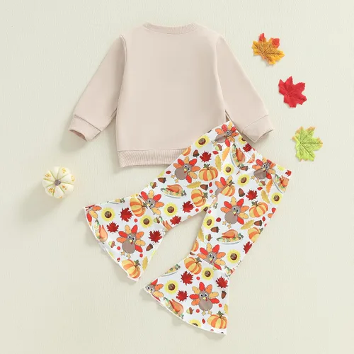 Vista 12 de BemeyourBBs Conjunto de sudadera de manga larga de pavo para niña con pantalones acampanados, ropa de otoño