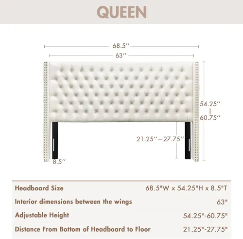 Vista 2 de Madison Park Cabecera tapizada Queen Wingback, con acolchado de esponja de alta densidad, cabecera de altura ajustable, fácil montaje, terciopelo
