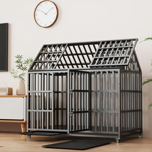 Vista 12 de Jaula plegable indestructible para perros con ruedas, jaula de metal resistente a prueba de escapes de 48 pulgadas para perros grandes y medianos
