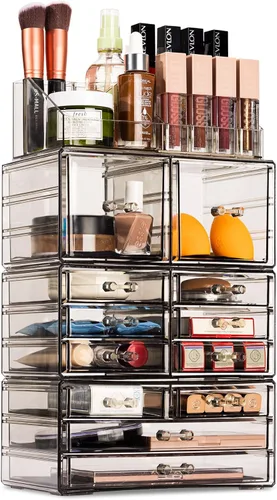 Vista 8 de Sorbus Organizador Grande de Maquillaje - Organizador Transparente y Apilable de Joyería y Maquillaje para Tocador, Almacenamiento de Baño, Cajonera