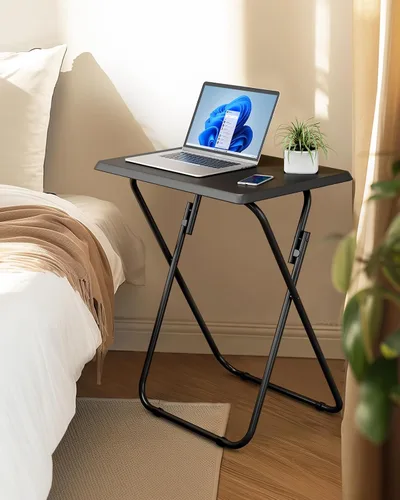 Vista 2 de HUANUO Mesa plegable para TV, mesa estable sin necesidad de montaje, bandeja de TV para comer, mesas plegables para aperitivos para cama y sofá Negro