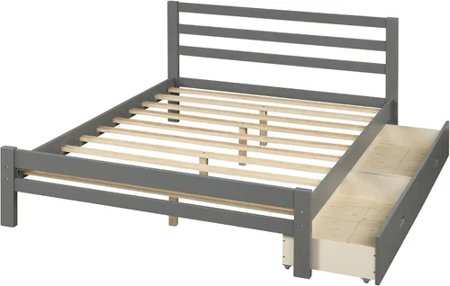 Vista 5 de Cama de plataforma de madera, marco de cama de tamaño completo con cabecero y estribero/listones de madera/dos cajones de almacenamiento