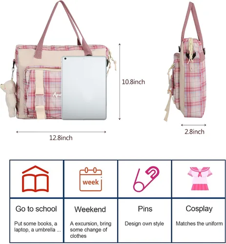 Vista 6 de Mochila Kawaii con alfiler de felpa de oso, mochila estética japonesa para la escuela, mochila de regreso a clases