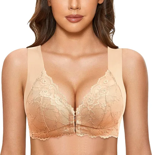 Vista 3 de Sujetadores para mujer, cómodo brasier de corsé con hebilla frontal cruzada lateral, brasier de encaje acolchado, sin varillas, cobertura completa