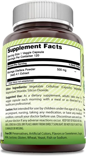 Vista 3 de Amazing India Moringa 500 mg 120 cápsulas vegetales Suplemento Sin OMG Sin gluten
