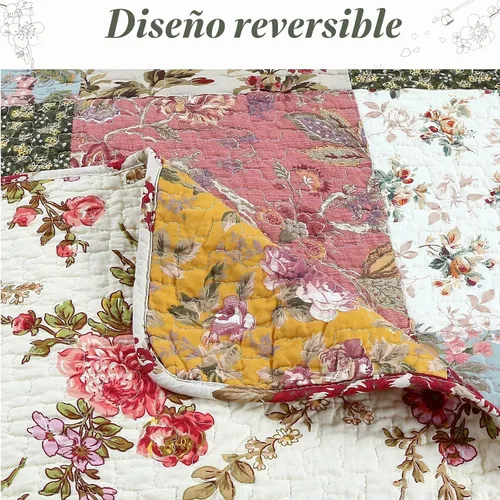 Vista 4 de Cozy Line Home Fashions Juego de ropa de cama de colcha reversible de retazos floral paisley rojo burdeos de algodón 100% de lujo, colcha, cubrecama