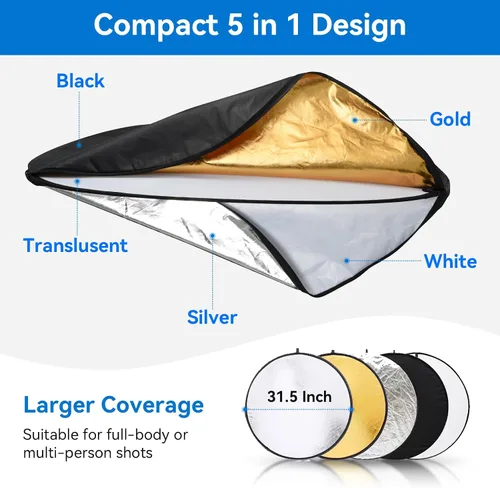 Vista 3 de Kit de Soporte para Reflector de Luz de 80 cm (31 Pulgadas) Difusor 5 en 1, Discos Múltiples Plegables con Bolsa, Soporte de Luz de 48 Pulgadas