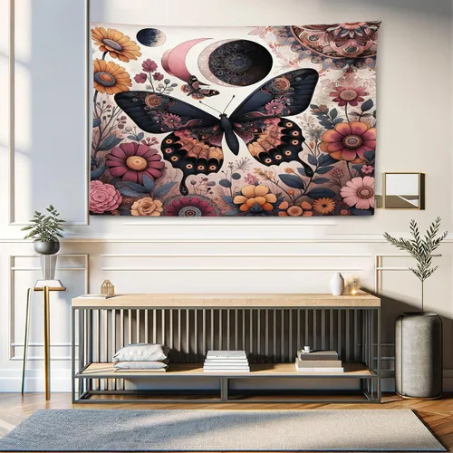 Vista 143 de Ambesonne Tapiz bohemio, diseño floral de bruja, luna y mariposa con adornos de mandala, decoración de tela para colgar en la pared para dormitorio