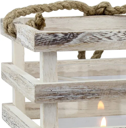 Vista 2 de Stonebriar SB-5080B Linterna de vela de madera blanca desgastada para casa de playa con mango de cuerda y cilindro de vidrio extraíble Hurricane