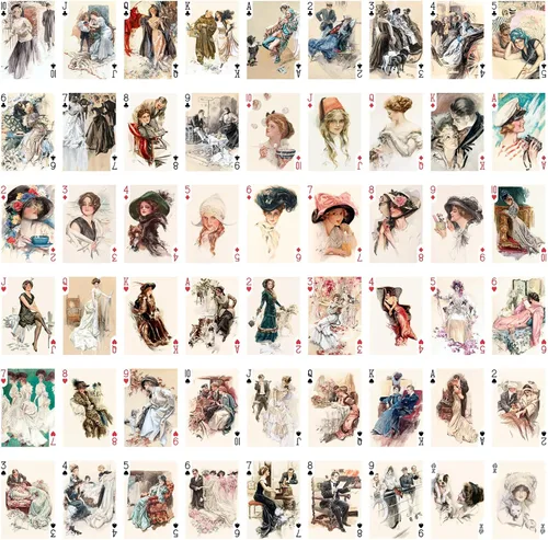 Vista 2 de Naipes de elegancia eduardiana (baraja de póquer 54 cartas todas diferentes) Hermosas damas con sombreros románticos vestidos salones y escenas