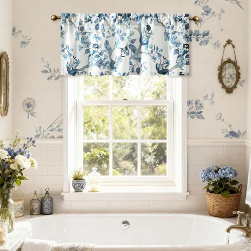 Vista 14 de VOGOL Cenefa de pájaro y bayas, decoración clásica de ventana de campo americano con estampado botánico, cortina de bolsillo para barra fácil
