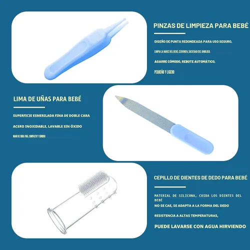 Vista 7 de Kit de aseo para bebés, esenciales para recién nacidos, kit portátil de cuidado del bebé, contiene cortaúñas para bebés, peine para bebés, cepillo
