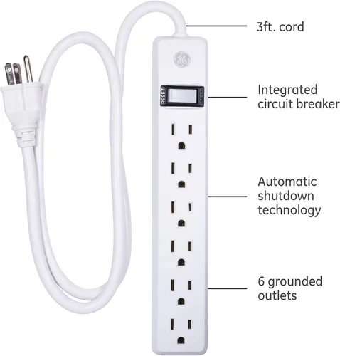 Vista 3 de GE Protector SurGE de 6 tomas de tierra, 450 julios, paquete de 2 regletas de alimentación, cable de extensión de 3 pies de largo y regleta